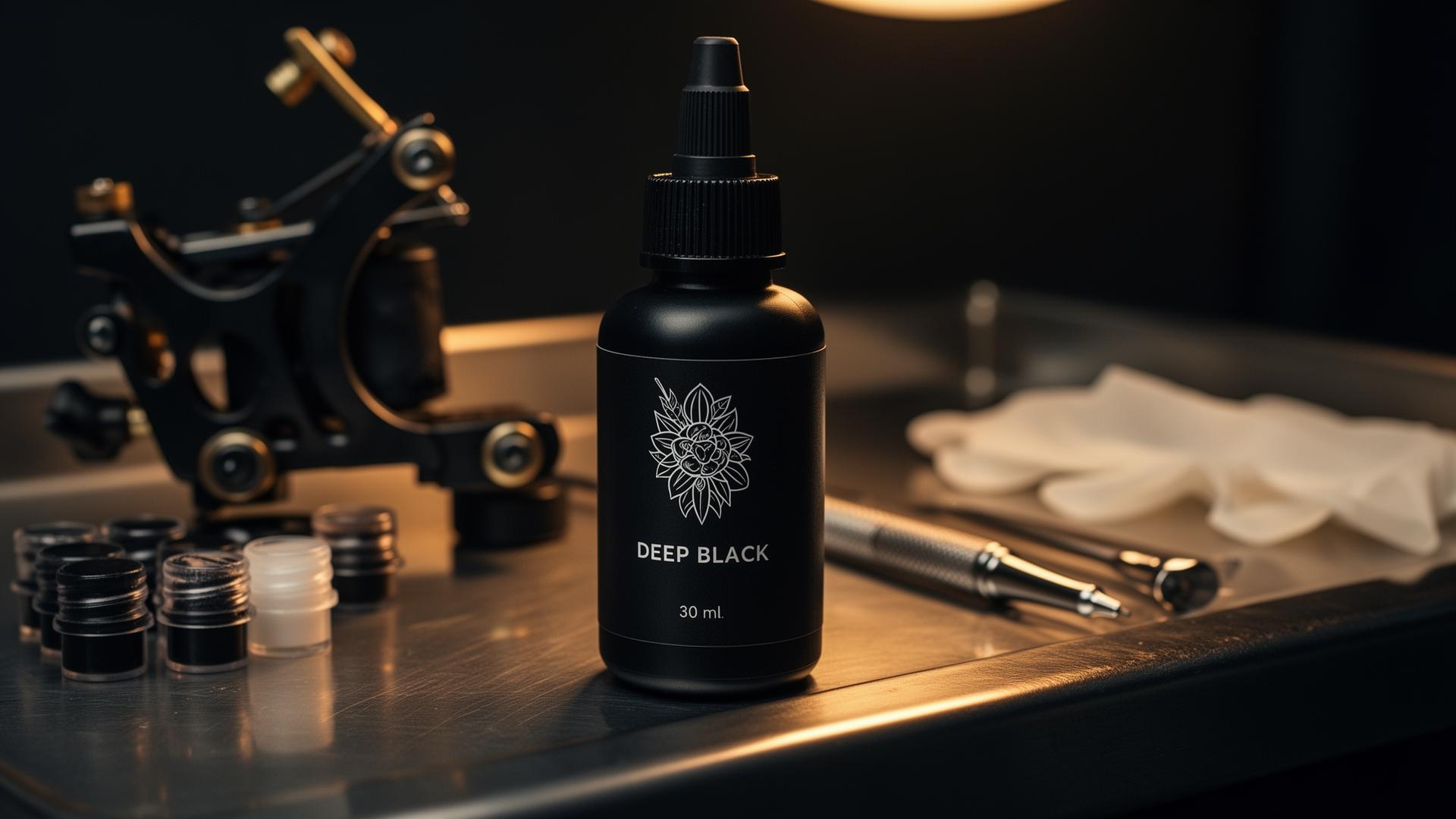 Deep Black tattoo ink bottle on a professional artist's workstation